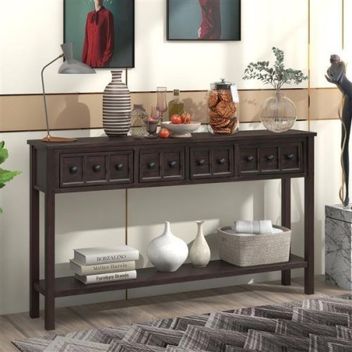 Rustic Entryway Console Table, 60" Long Sofa Table with two Different Size Drawers and Bottom Shelf for Storage (Espresso) Rustic Entryway Console Table, 60" Long Sofa Table with two Different Size Drawers and Bottom Shelf for Storage (Espresso)