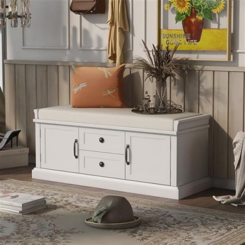 Storage Bench with 2 Drawers and 2 Cabinets, Shoe Bench with Removable Cushion for Living Room, Entryway (White) Storage Bench with 2 Drawers and 2 Cabinets, Shoe Bench with Removable Cushion for Living Room, Entryway (White)