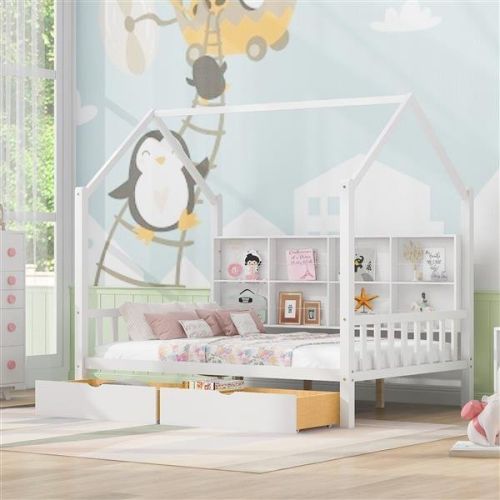 Wooden Full Size House Bed with 2 Drawers,Kids Bed with Storage Shelf, White(Expected Arrival Time: 5.15) Wooden Full Size House Bed with 2 Drawers,Kids Bed with Storage Shelf, White(Expected Arrival Time: 5.15)