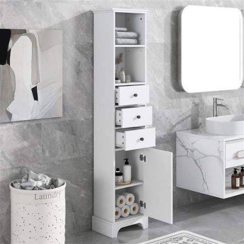 White Tall Bathroom Cabinet, Freestanding Storage Cabinet with 3 Drawers and Adjustable Shelf, MDF Board with Painted Finish White Tall Bathroom Cabinet, Freestanding Storage Cabinet with 3 Drawers and Adjustable Shelf, MDF Board with Painted Finish