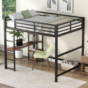 Full Size Metal Loft Bed with Built-in Desk and Storage Shelves, Black