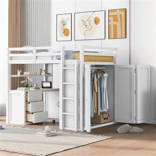 Full size Loft Bed with Drawers,Desk,and Wardrobe-White Full size Loft Bed with Drawers,Desk,and Wardrobe-White