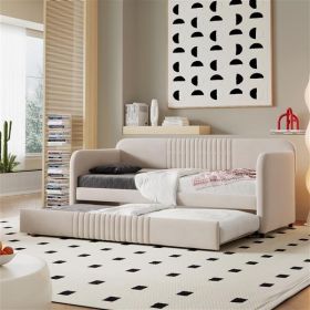 Upholstered Daybed Sofa Bed Twin Size With Trundle Bed and Wood Slat ,Beige (Color: as picture)