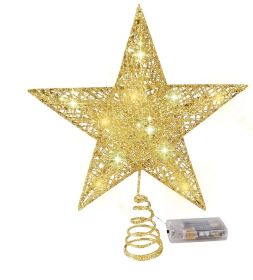 Iron Glitter Powder Christmas Tree Ornaments Top Stars with LED Light Lamp Christmas Decorations For Home Xmas Trees (Color: Gold)